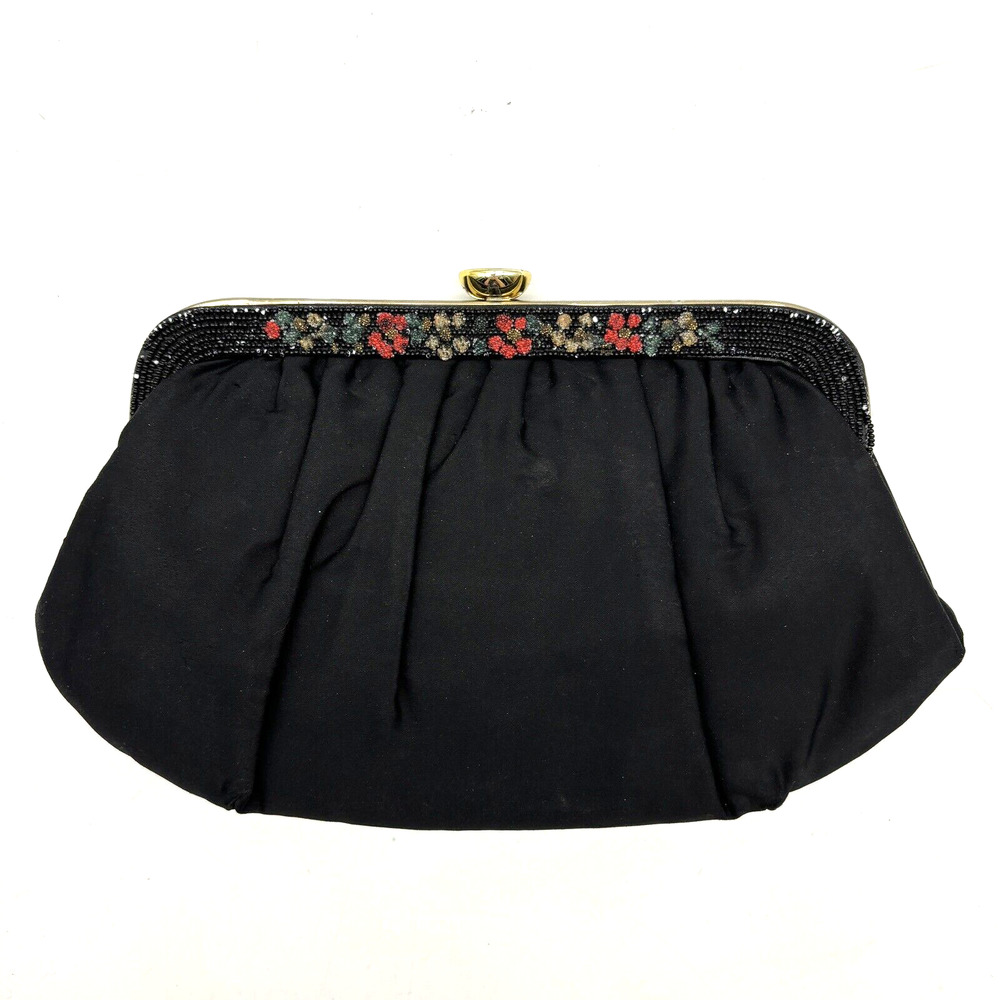Vintage Garay Black Satin Floral Seed Bead Frame Hinge Clasp Clutch Evening Bag